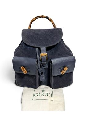 Gucci Navy Blue Suede Leather & Bamboo Vintage Backpack & Dust Bag